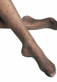 Durchsichtige schwarze Strumpfhosen mit kleinen, gleichmäßig verteilten schwarzen Punkten. Glatte Textur und figurbetontes Design, das die Beine zur Geltung bringt. Keine sichtbaren Nähte.