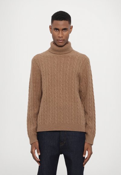 Brown cable-knit turtleneck sweater with ribbed cuffs and hem. Soft texture, relaxed fit, featuring raised, intertwining patterns throughout.