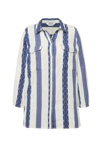 Camicia a righe blu e bianche con maniche lunghe, dotata di due taschini sul petto e colletto, caratterizzata da design geommetrici.