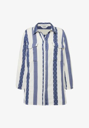 Blå og hvidstribet skjorte med lange ærmer, featuring to brystlommer og en krave, mønstret med geometriske designs.