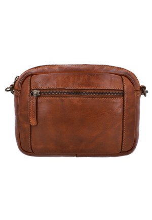 Brown leather crossbody bag with a front zip pocket, curved top, and rectangular shape. Features stitched detailing and a smooth texture.