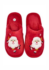 Zapatillas rojas de felpa con caras de Papá Noel bordadas, textura suave, talón abierto y plantillas acolchadas, adecuadas para uso en interiores.
