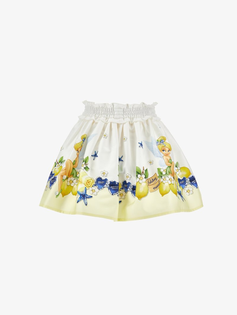 Bela krilo z elastičnim pasom, okrašeno s potiskanim motivi vil, limon, modrih src, morskih zvezd, cvetlic in oznako "počitniško razpoloženje".