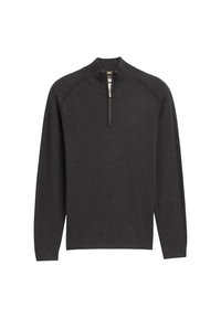 Pull en maille doux gris foncé, avec col zippé quart et accents côtelés sur les manches et l'ourlet.