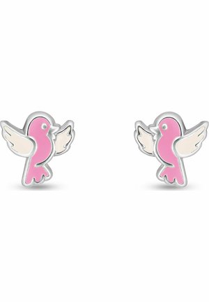 Pink fugleformede studs med hvide vinger, der har en sølvfarvet metalramme og en glat emaljeoverflade. Detaljer inkluderer et rundt øje.