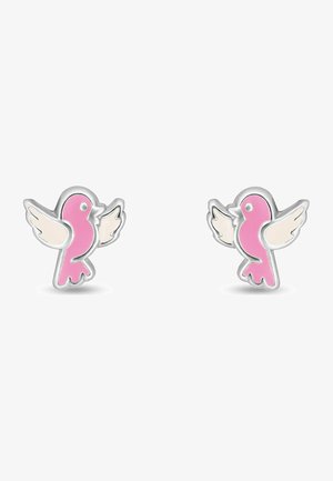 Pink fugleformede studs med hvide vinger, der har en sølvfarvet metalramme og en glat emaljeoverflade. Detaljer inkluderer et rundt øje.