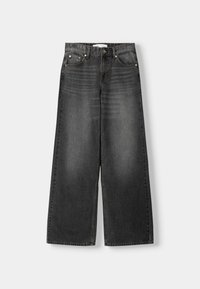 Černé džíny s širokými nohavicemi a vybledlým vzhledem, s tradičním designem pěti kapes a kovovými doplňky.