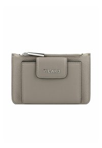 Gray leather wallet with textured finish, featuring a front flap and zippered compartment, embossed "PICARD" branding on the front.