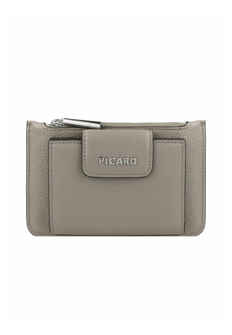 Gray leather wallet with textured finish, featuring a front flap and zippered compartment, embossed "PICARD" branding on the front.