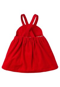 Robe rouge pour tout-petits avec jupe froncée et bretelles croisées sur fond blanc.