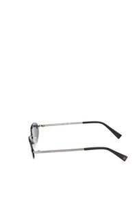 Occhiali da sole in metallo con lenti grigie, montatura metallica sottile e bracci in acetato nero che presentano un dettaglio a stella sulle estremità.