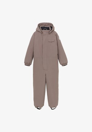 Bruine geïsoleerde sneeuwoverall met een kap, voorrits en elastische manchetten. Bevat een enkele borstzak en bootsluitingen voor een veilige pasvorm.