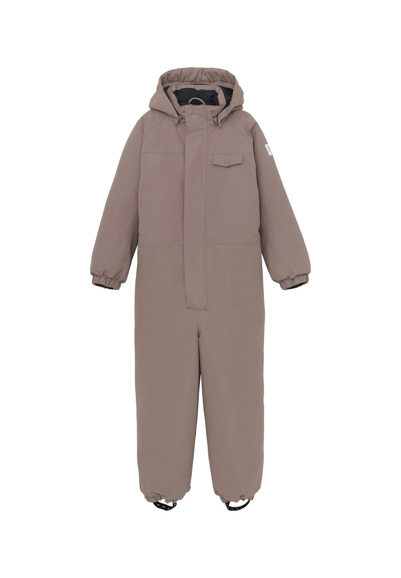 Brun isolerad snowsuit med huva, framdragkedja och elastiska ärmslut. Har en enda bröstficka och stövlar som håller klädseln på plats.