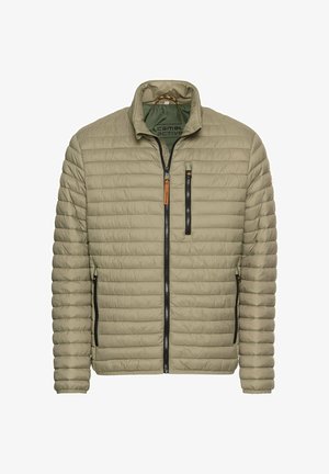 Khaki pufferjakke med lynlåslukning foran, elastiske manchetter og to sidelommer. Har et quiltet design og en opretstående krave.