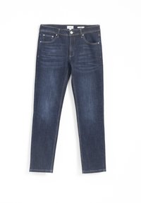 Jeans ajustados de denim en azul oscuro, con cinco bolsillos, un ligero desgaste y costuras en dorado a lo largo de las costuras.