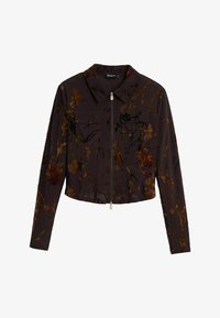 Chaqueta corta en tela oscura con estampado floral en dorado y óxido. Cuenta con cremallera frontal, cuello y dos bolsillos en el pecho.