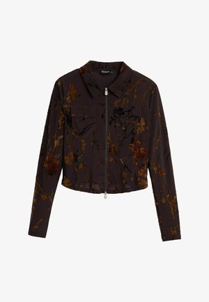 Krótka kurtka z ciemnego materiału z kwiatowym nadrukiem w kolorze złotym i rdzawej czerwieni. Posiada przedni zamek błyskawiczny, kołnierz oraz dwie kieszenie na piersi.