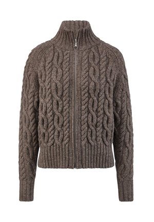 Braun gestrickter Pullover mit hohem Kragen und vollem Reißverschluss. Mit gerippten Bündchen und Saum, der ein strukturiertes Muster zeigt.