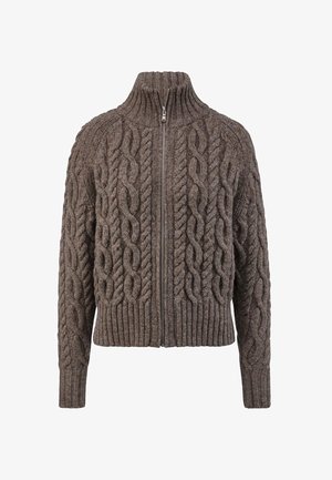 Braun gestrickter Pullover mit hohem Kragen und vollem Reißverschluss. Mit gerippten Bündchen und Saum, der ein strukturiertes Muster zeigt.