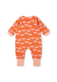 Orangene Baumwoll-Einteiler mit einem wiederholten rosa Blumenmuster, langen Ärmeln und kontrastierenden rosa Bündchen und Halsauschnitt.