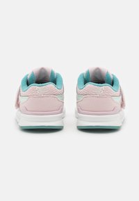 Sneakers with a pink and turquoise color scheme, featuring mesh and suede materials, padded collar, and a white midsole.