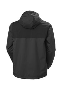 Veste imperméable noire et gris foncé avec capuche, vue de dos, avec manches longues et ourlet droit.