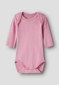 Pink langærmet bodysuit lavet af blød bomuld, med rund halsudskæring og trykknapper i bunden for nem påklædning.