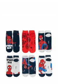 Set di sei calzini con design di Spider-Man. I colori includono rosso, blu, grigio e nero, con motivi del personaggio e ragnatele.