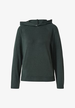Dunkelgrüner Kapuzenpullover mit langen Raglanärmeln, lockerer Passform und einem weichen, strukturierten Stoff. Besitzt ein einfaches Design auf der Vorderseite.