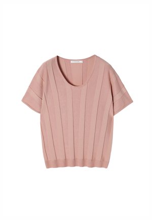Pink short-sleeve sweater with a scoop neckline and vertical ribbed texture. Features a fitted hem and soft, knit fabric.