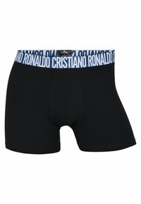 Zwart heren boxershorts met een blauwe tailleband waarop herhaaldelijk de witte tekst "Cristiano Ronaldo" is afgebeeld.