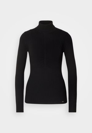 Zwarte geribbelde coltrui met lange mouwen, textuurstof, geplooide details aan de voorkant en een subtiele logo-accent aan de zoom.