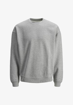 Prosty jasnoszary sweatshirt z okrągłym dekoltem, długimi rękawami, ściągaczami na mankietach i dolnym brzegu, prezentowany na białym tle.