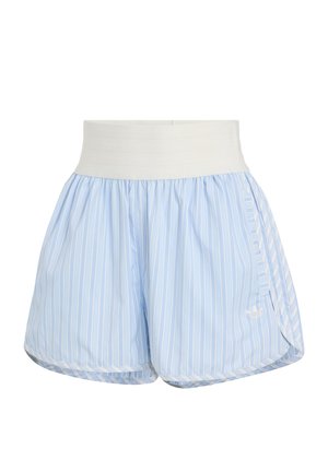 Ανοιχτό μπλε ριγέ σορτς με λευκή ελαστική μέση και πλευρικές σχισμές. Διαθέτει διακριτικό λογότυπο στο τελείωμα. Λεπτό, ελαφρύ ύφασμα.
