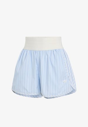 Pantalones cortos a rayas azul claro con cinturilla elástica blanca y aberturas laterales. Presentan una sutil marca en el dobladillo. Tela lisa y ligera.