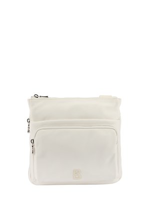 Bílá čtvercová taška přes rameno s předním zipovým kapsou, horním zapínáním na zip a malým vyraženým logem "B" na spodní přední straně.