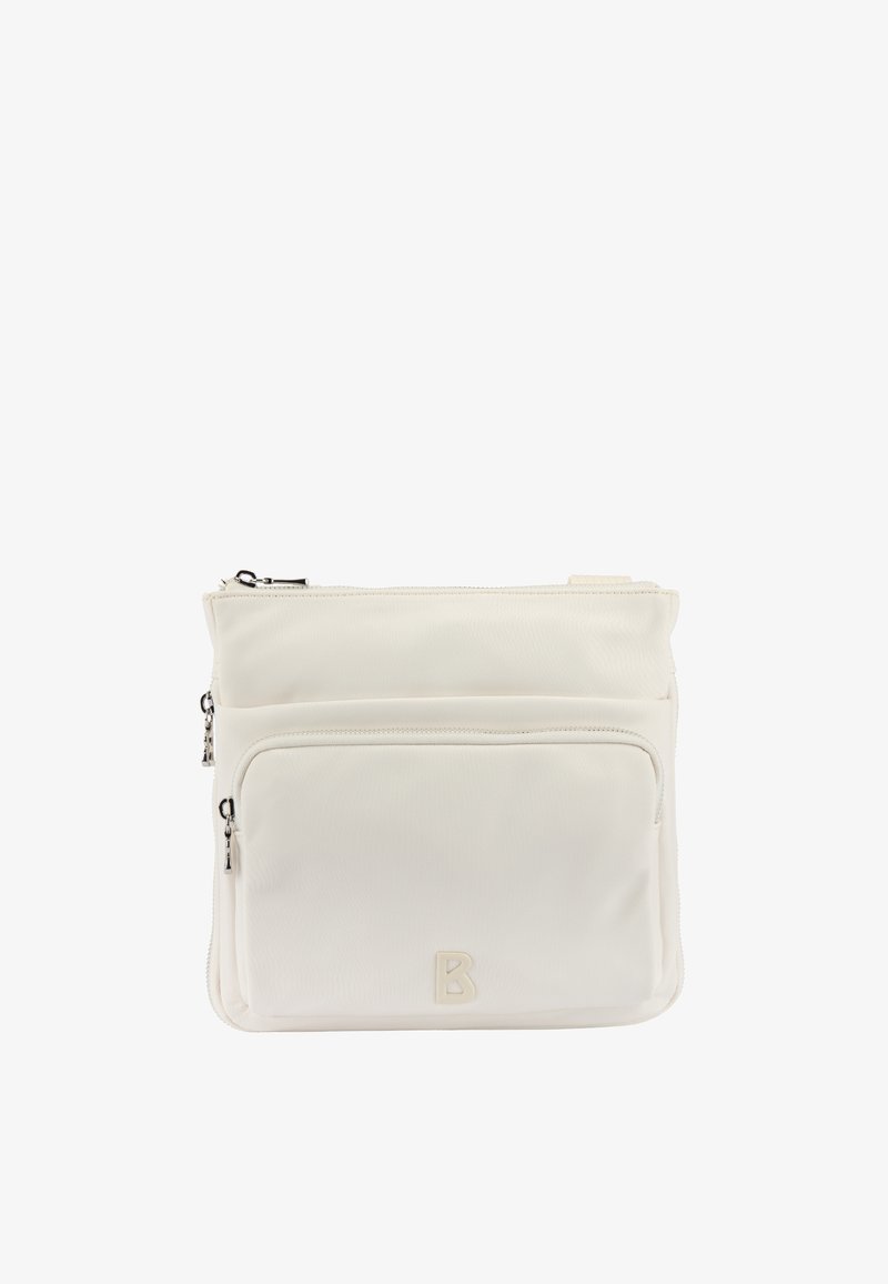 Sac bandoulière carré blanc avec poche zippée à l'avant, fermeture éclair sur le dessus et petit logo "B" embossé sur le bas devant.