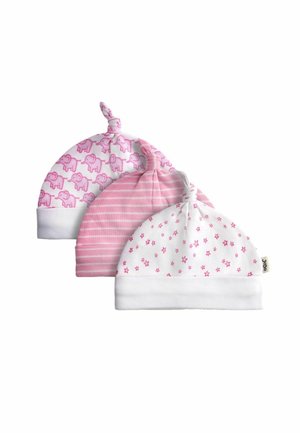 Tri uzlíkové detské čiapky s bielymi manžetami, ozdobené ružovými hviezdičkami, ružovými prúžkami a vzormi ružových slonov.