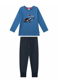 Blue long-sleeve shirt featuring a graphic of a police car; paired with elastic-waist dark blue pants. Made from soft, breathable fabric.