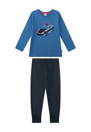 Blaues Langarmhemd mit einer Grafik eines Polizeiautos; kombiniert mit dunkelblauen Hosen mit elastischem Bund. Hergestellt aus weichem, atmungsaktivem Stoff.