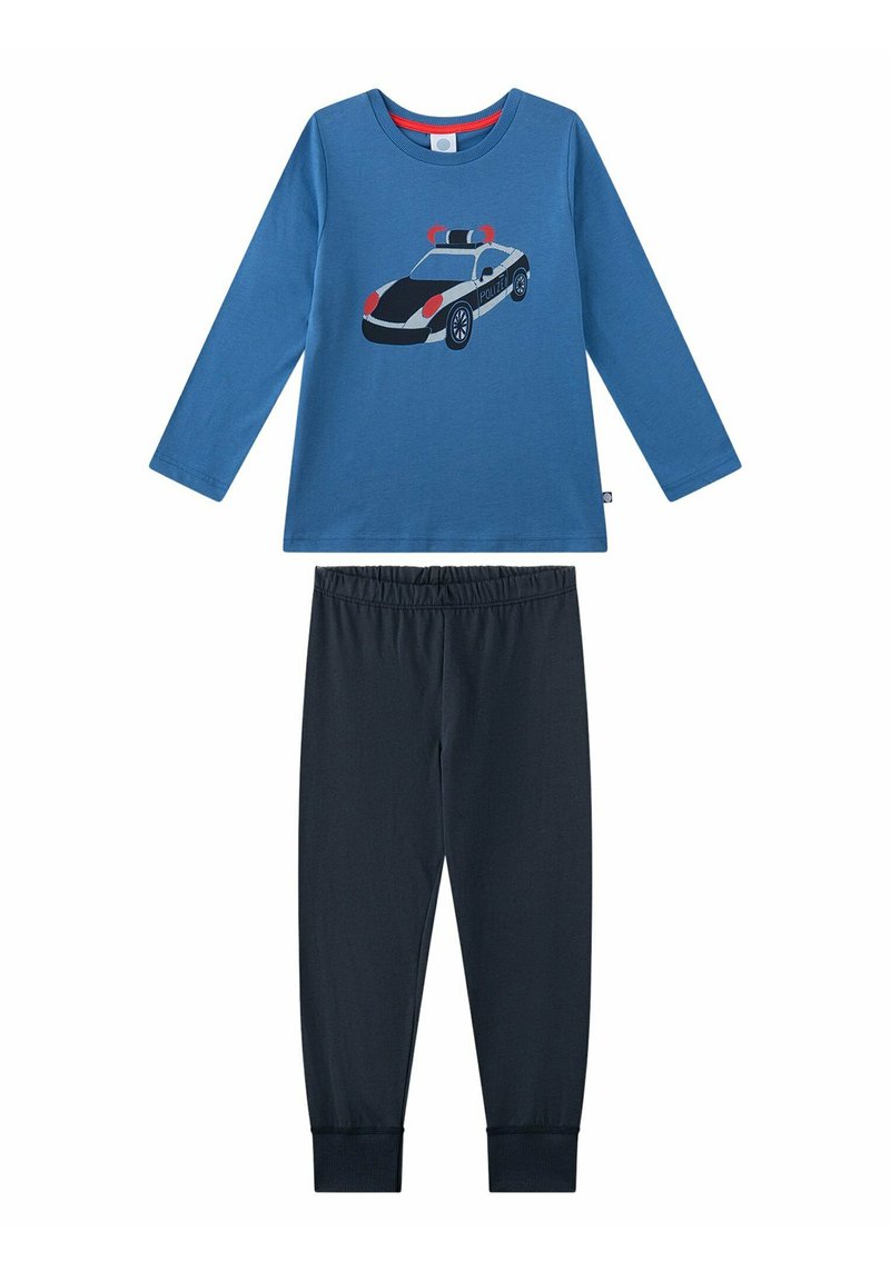 Blue long-sleeve shirt featuring a graphic of a police car; paired with elastic-waist dark blue pants. Made from soft, breathable fabric.