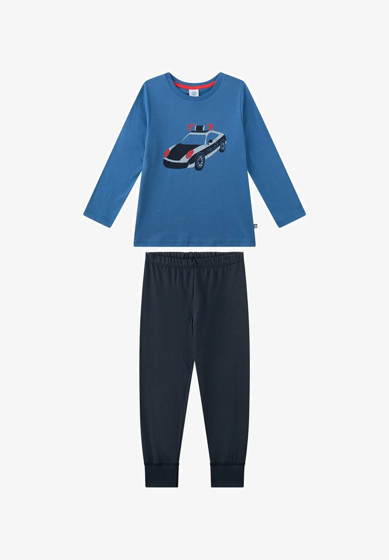 Blue long-sleeve shirt featuring a graphic of a police car; paired with elastic-waist dark blue pants. Made from soft, breathable fabric.