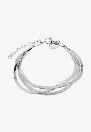 Bracciale in argento con tre catene a serpente intrecciate, dotato di chiusura a moschettone e catena regolabile per la personalizzazione della misura.