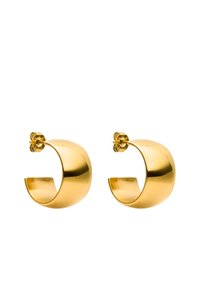 Boucles d'oreilles en or avec une finition polie, présentant un design courbé et un petit fermoir en forme de fleur pour un maintien sécurisé.