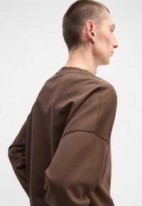 Sweatshirt marron avec un col rond et des manches longues, présentant des détails de couture subtils et une coupe décontractée. Matière en coton lisse.