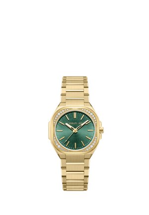 Horloge in goudkleur met een groene sunburst-wijzerplaat, gouden uurmarkeringen en diamantaccenten rondom de vierkante lunet.