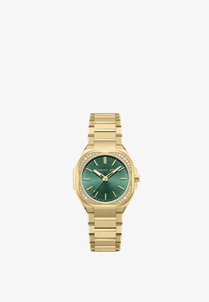 Horloge in goudkleur met een groene sunburst-wijzerplaat, gouden uurmarkeringen en diamantaccenten rondom de vierkante lunet.