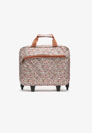 Rollen-Trolley mit floralem Muster in Rot, Blau und Creme, mit braunen Akzenten, einer vorderen Reißverschlusstasche und kurzen Griffen.