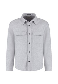 Jasnoszara koszula flanelowa z kołnierzykiem na guziki, dwiema kieszeniami na piersi oraz czarnymi guzikami. Posiada długie rękawy i prosty dół.