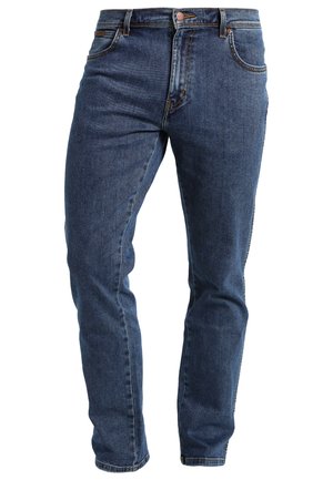 Mørkeblå denim jeans med lige pasform, der har fem lommer, bæltestropper og subtile syninger. Glat tekstur, ingen synlige mønstre.